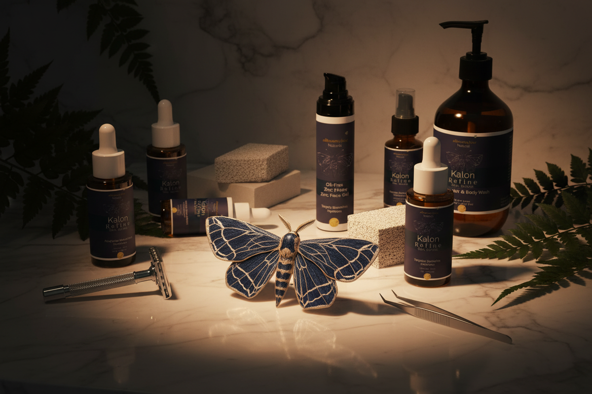 Refine — moth, close label, pure navy