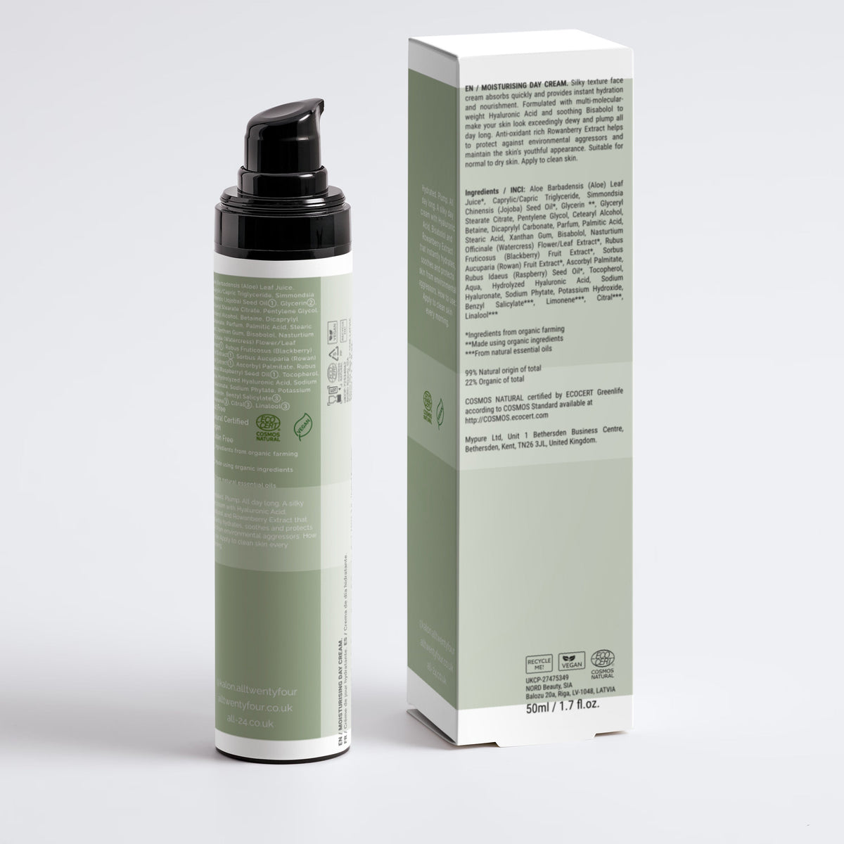 A cylindrical Kalon Replensh day moisturiser pump bottle and its matching rectangular box, both in muted sage green and white, with black pump  on a clean light gray studio background.