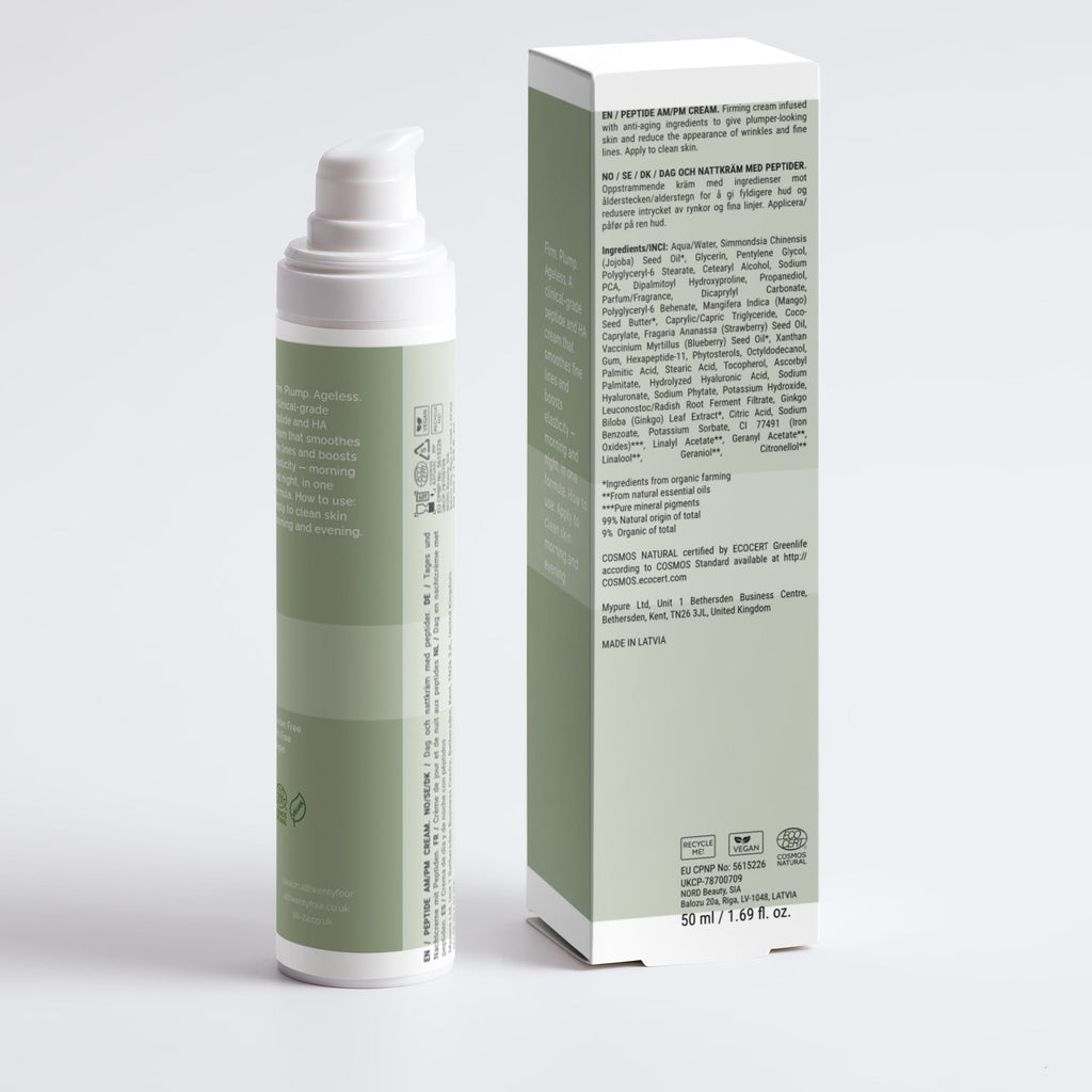 Kalon pump bottle and matching product box with pale sage green and white packaging, photographed on a clean light gray studio background.