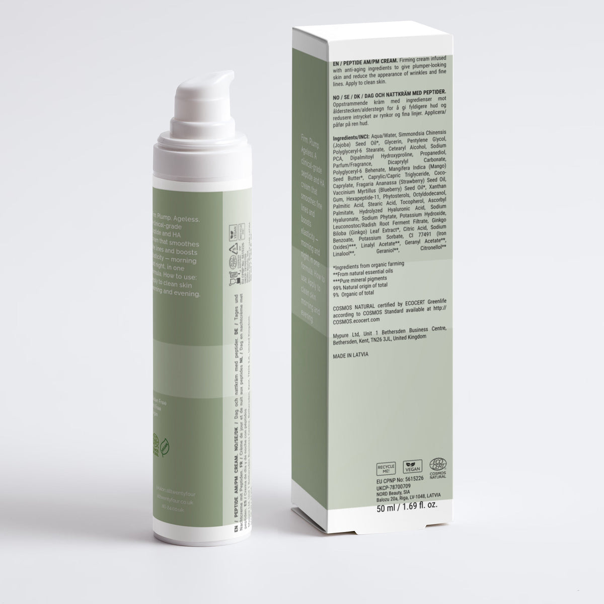 Kalon pump bottle and matching product box with pale sage green and white packaging, photographed on a clean light gray studio background.