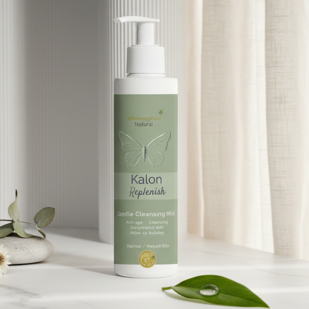 A bottle of Kalon gentle cleansing milk stands on a white marble surface next to small white flowers and green leaves, with a neutral gray and white interior background and sheer curtains.