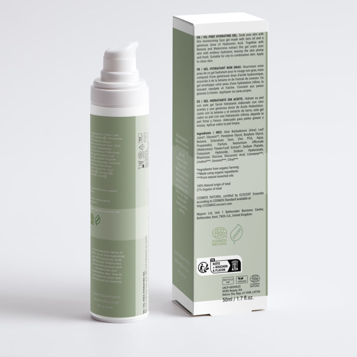 A Kalon pump bottle and its matching product box, both in a pale sage green and white color scheme, shown on a light gray studio background.