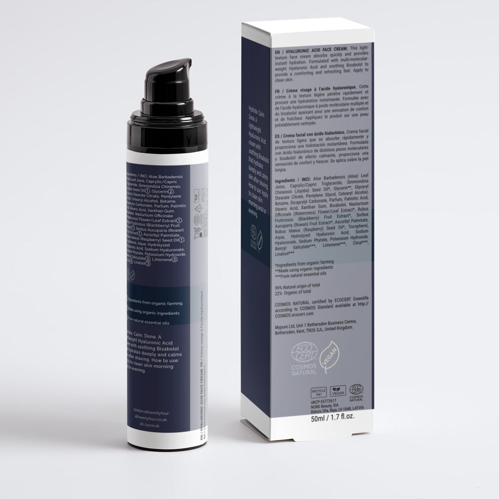 A Kalon pump bottle and its matching retail box, both showing the back labels in dark navy blue and white, set against a clean light gray background.