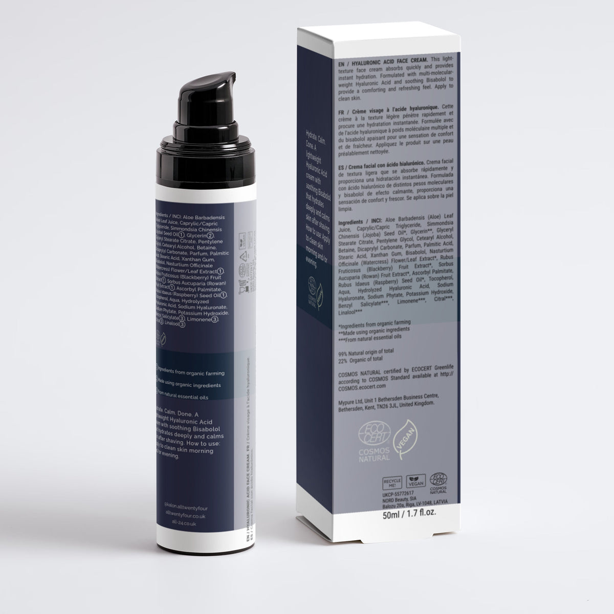 A Kalon pump bottle and its matching retail box, both showing the back labels in dark navy blue and white, set against a clean light gray background.