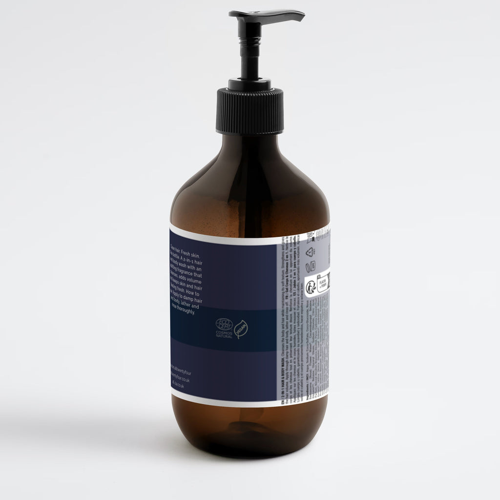Brown Kalon bottle with black pump and labels on a white background
