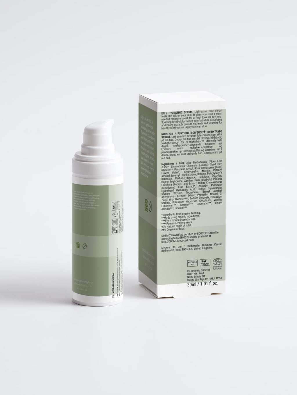A Kalon skincare pump bottle and its product box, both in white and pale sage green, shown on a clean light gray studio background.