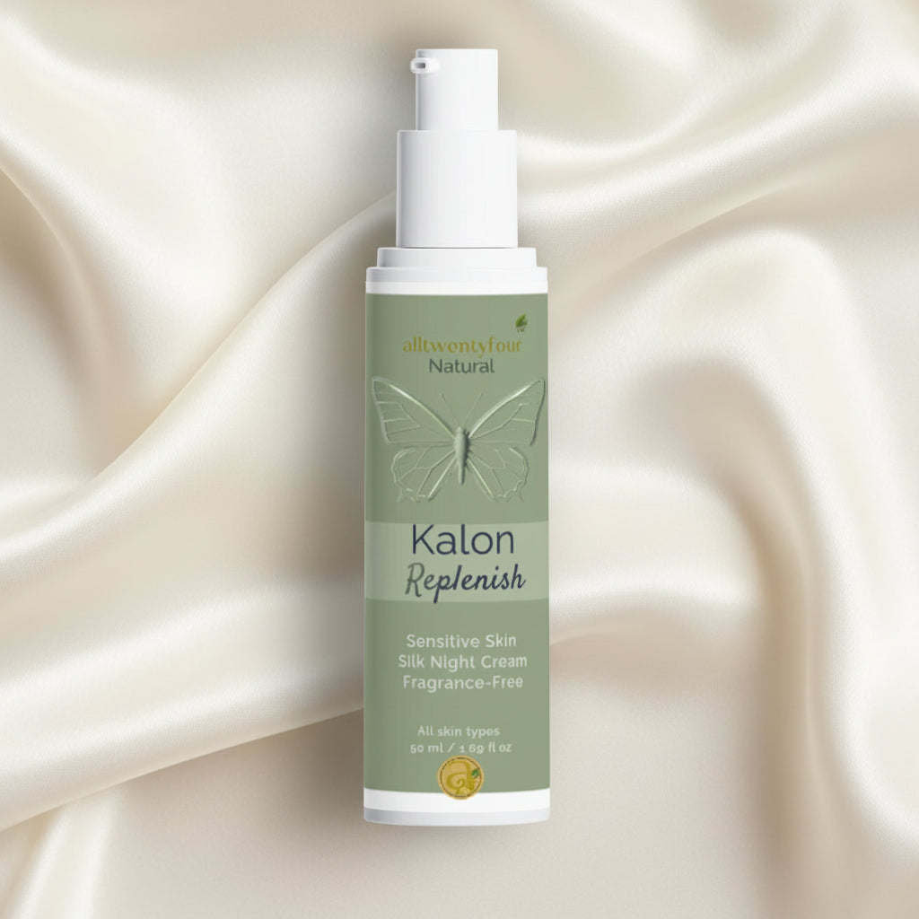 A bottle of Kalon Replenish Sensitive Skin Silk Night Cream by Planetree Natural, featuring a white pump and a sage green label with a butterfly graphic, set against a white background with soft water ripple textures.