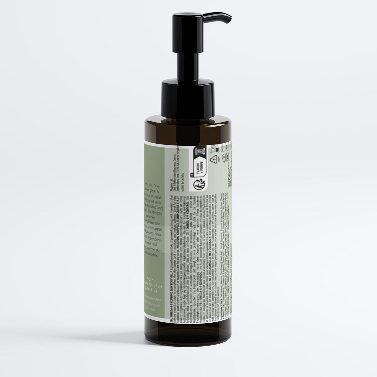An amber glass Kalon pump bottle with a black dispenser and a light sage green label, shown from the back against a clean white background.
