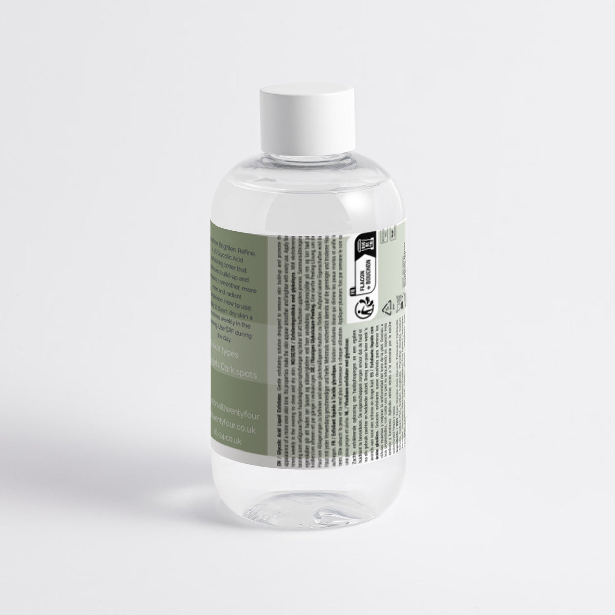 A clear Kalon bottle with a white cap and a muted sage green label, shown from the back against a light gray background.