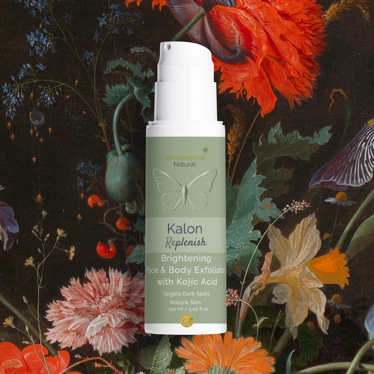 A bottle of Kalon Replenish Brightening Face & Body Exfoliator is centered against a richly detailed, classical-style floral painting background featuring vibrant red, orange, pink, and white flowers.