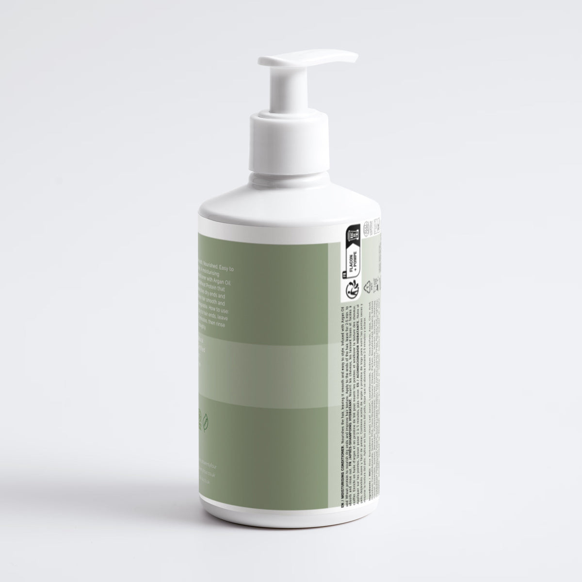 A white Kalon pump bottle with a sage green label, shown from a side angle on a light gray background.
