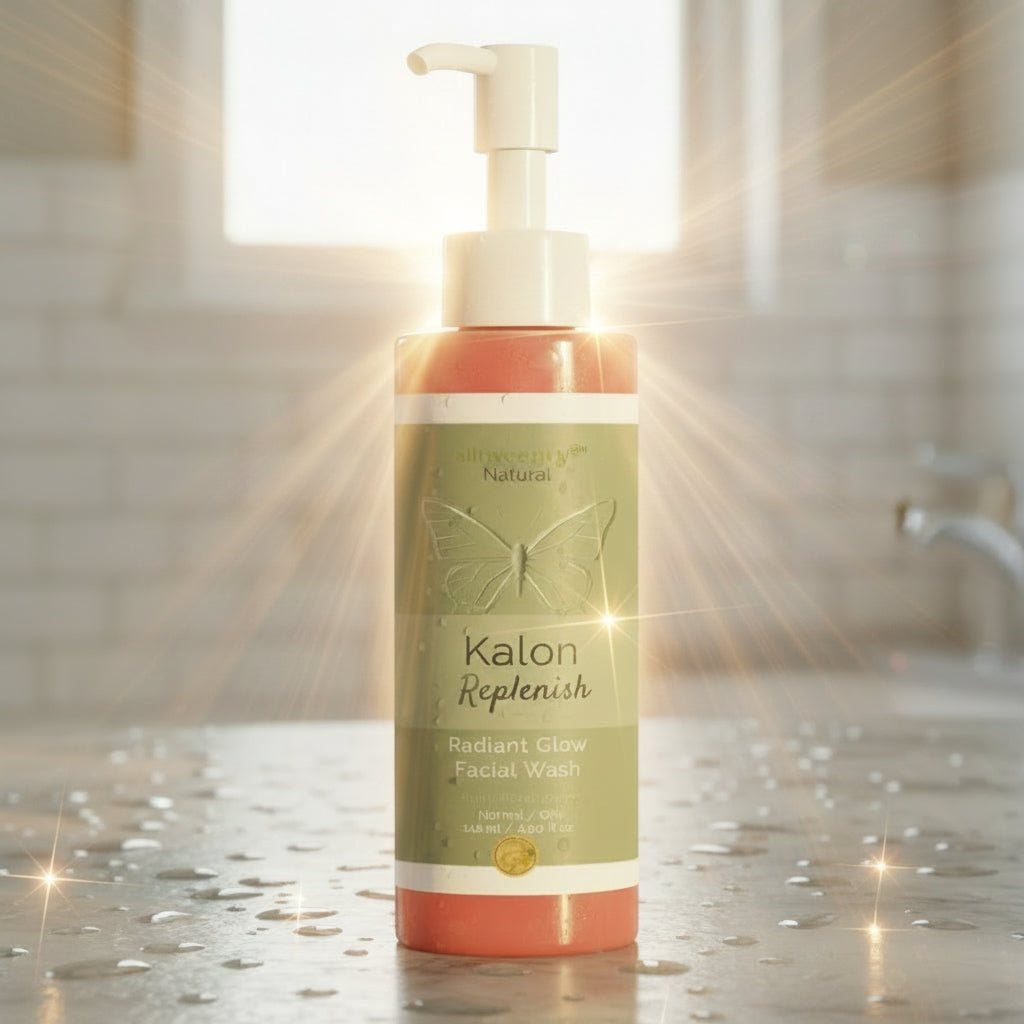 A bottle of Kalon Radiant Glow Facial Wash with a white pump and a green label, set against a background of a lavender field with red poppies and a pink sky.