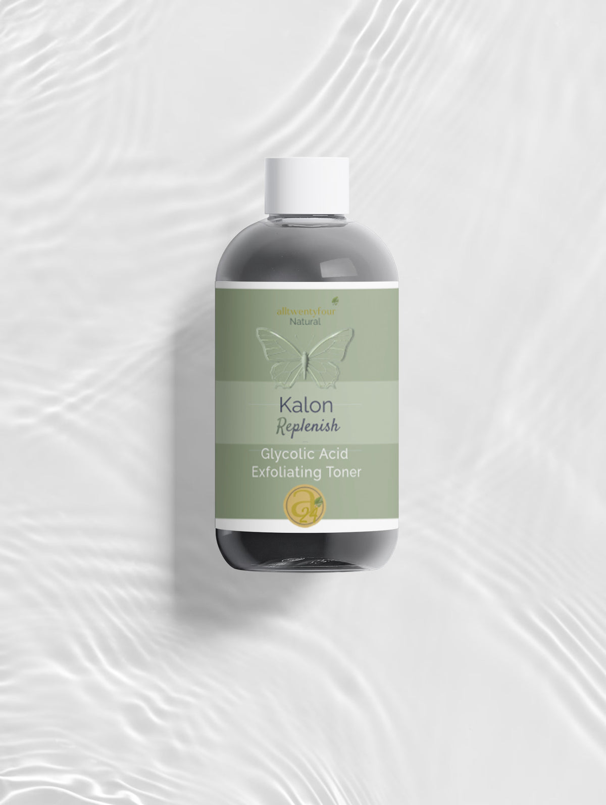 A bottle of Kalon Replenish Glycolic Acid Exfoliating Toner with a white cap and a sage green label, set against a white background with soft water ripple textures.