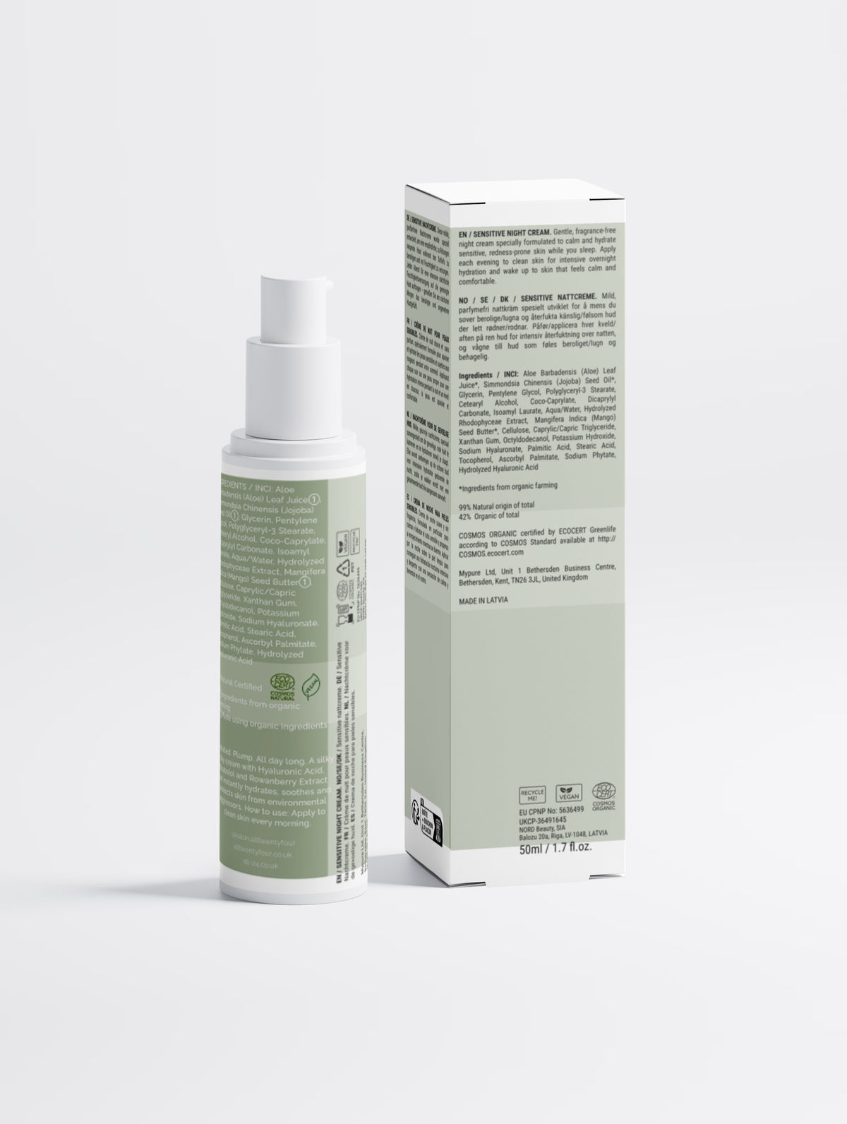 A white Kalon spray bottle and its matching tall box, both showing the back labels in light sage green and white, photographed on a clean light gray studio background.