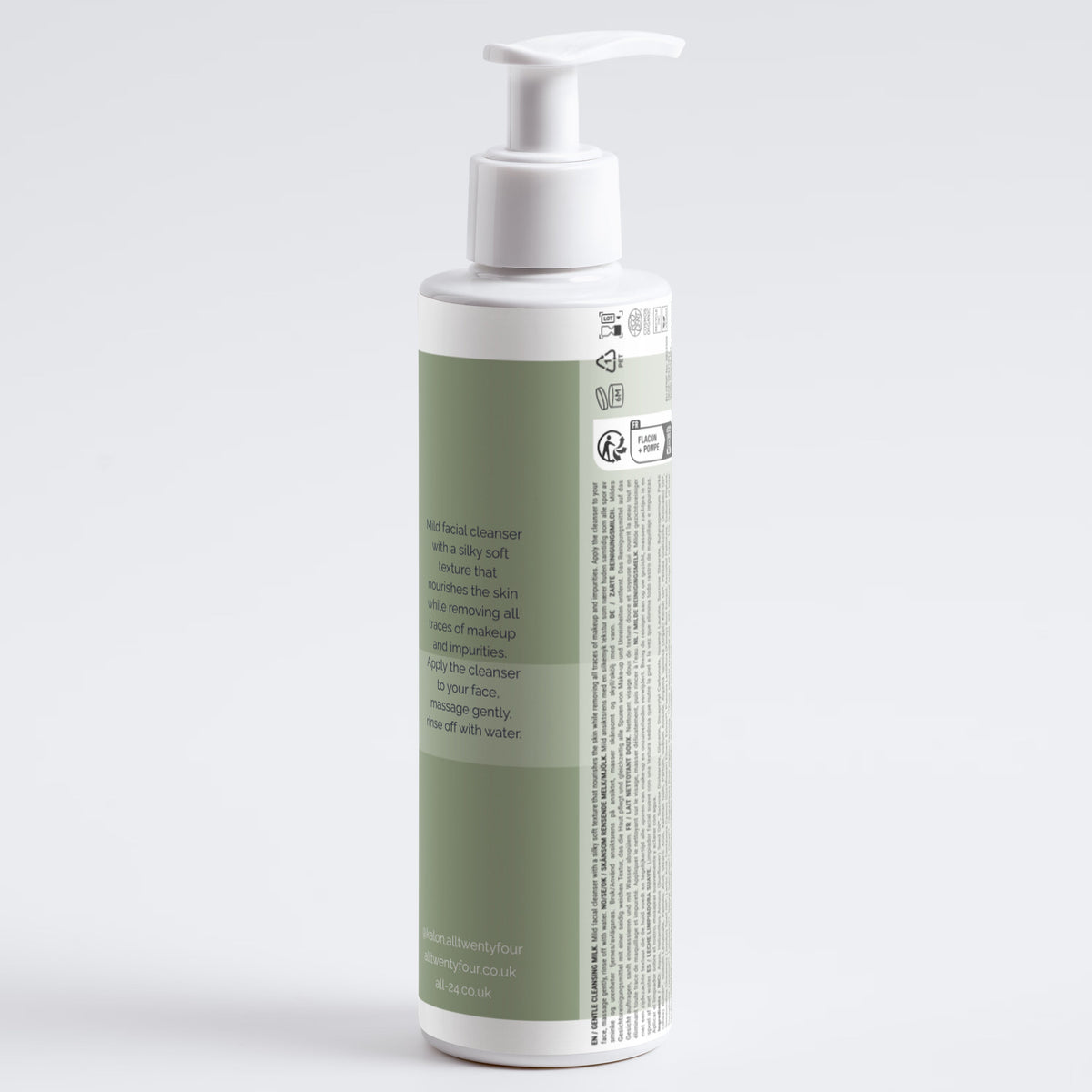 A white pump bottle Kalon with a sage green label, shown from a side angle on a light gray background.